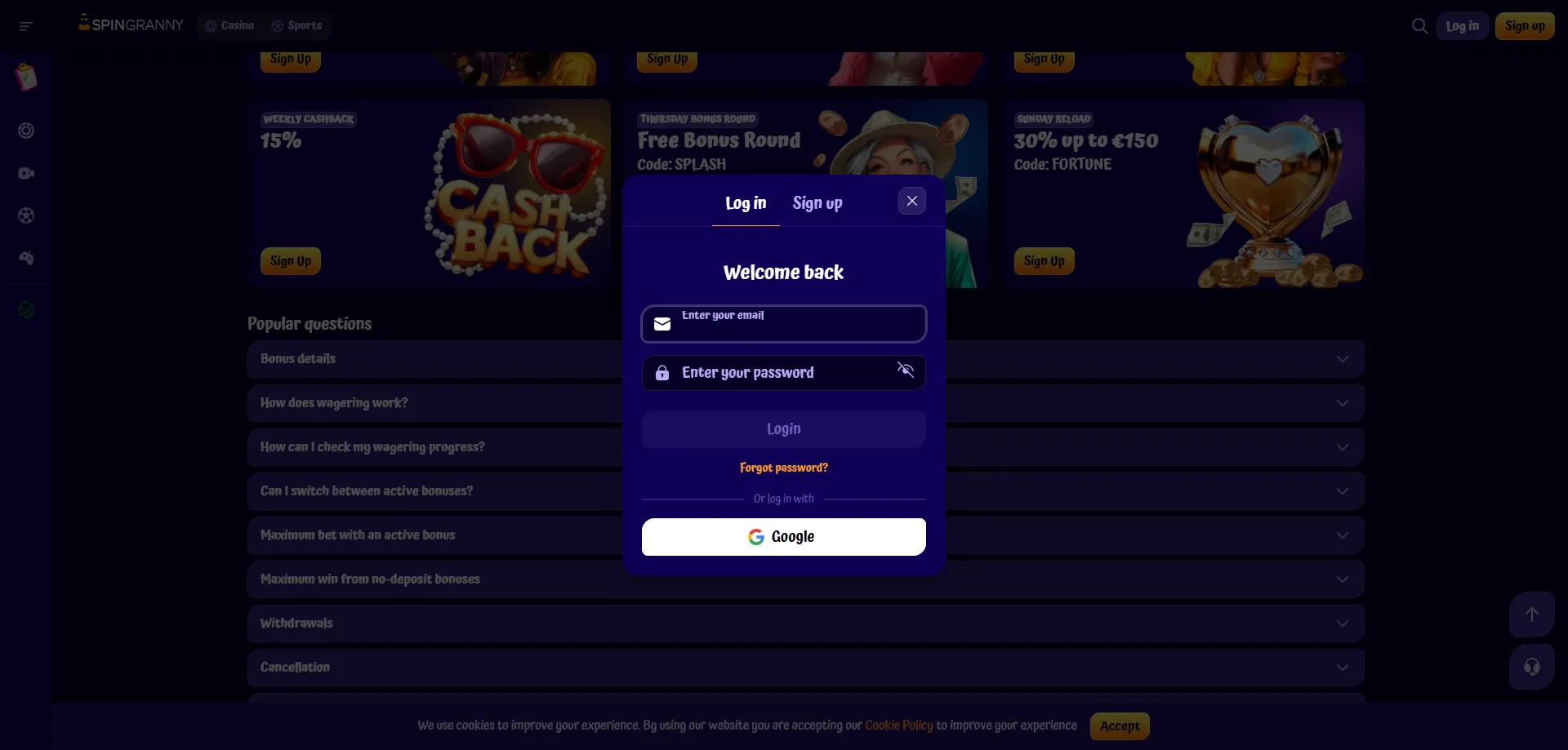 Spingranny Casino login accesso account giocatore sicuro